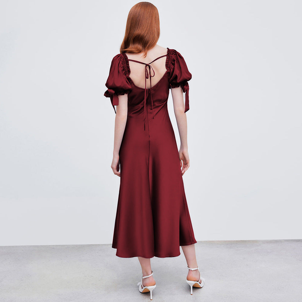 Damen Midi-Kleid Puffärmel V-Ausschnitt Eveloria