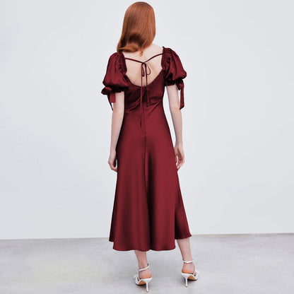 Damen Midi-Kleid Puffärmel V-Ausschnitt Eveloria