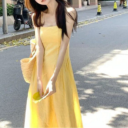 Damen Langarm-Midi-Kleid Tailliert Spaghettiträger
