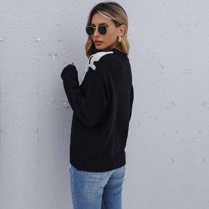 Damen Strickpullover Kontrastmuster Tiermuster Eveloria