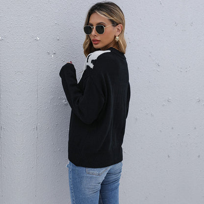 Damen Strickpullover Kontrastmuster Tiermuster Eveloria