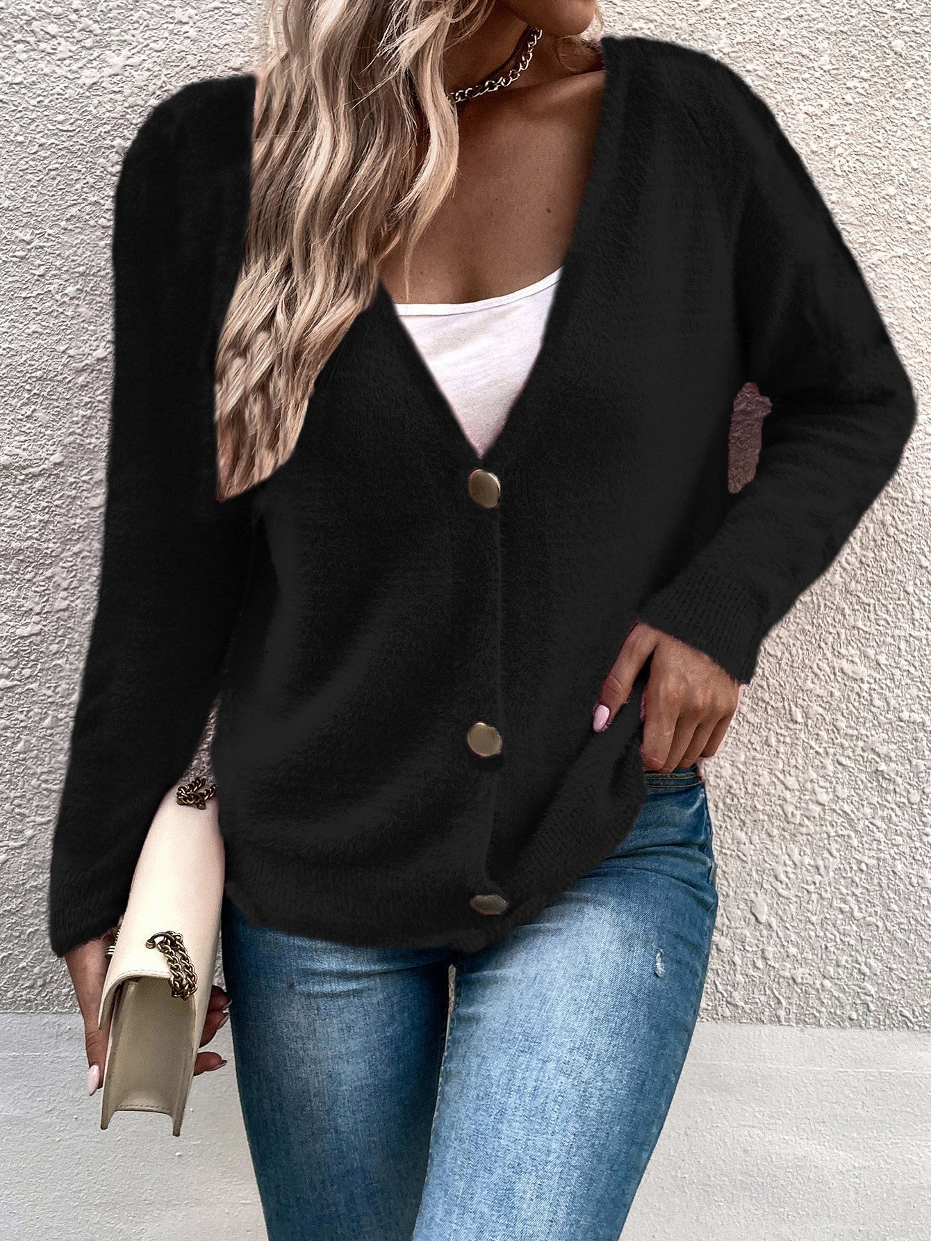 Damen Strickcardigan Weich V-Ausschnitt Große Knöpfe Beige