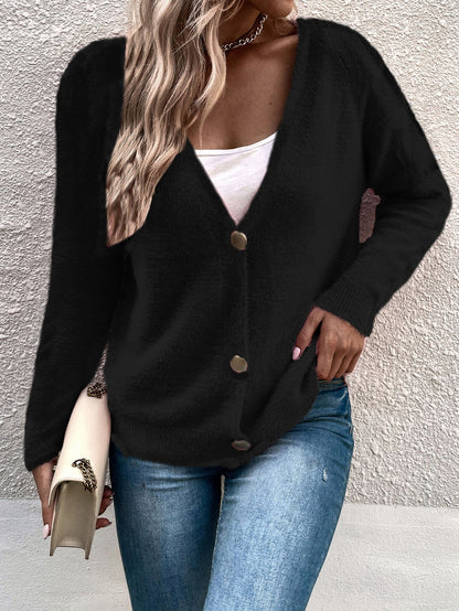 Damen Strickcardigan Weich V-Ausschnitt Große Knöpfe Beige