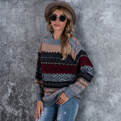 Damen Grobstrickpullover Geometrisches Muster Weit Eveloria
