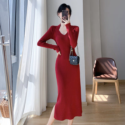 Damen Strickkleid V-Ausschnitt Seitenschlitze Eveloria