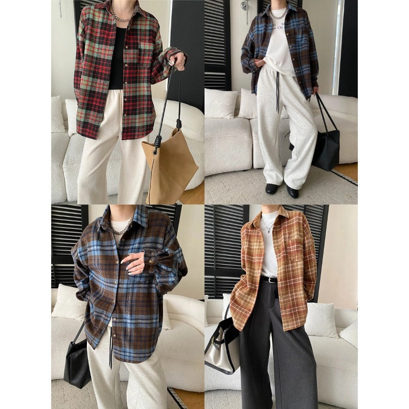 Damen Karo-Hemdjacke Lässiger Schnitt Baumwolle Praktische Taschen