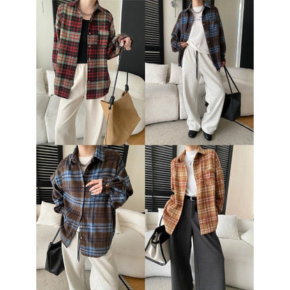 Damen Karo-Hemdjacke Lässiger Schnitt Baumwolle Praktische Taschen