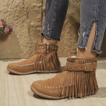 Damen Stiefeletten mit Fransen und Reißverschluss