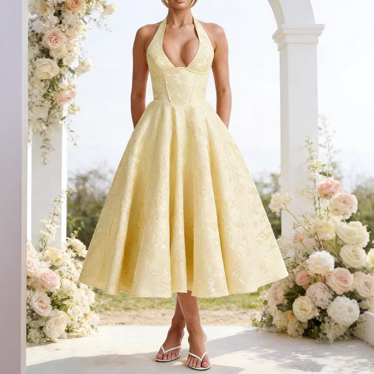 Damen Hochzeitskleid Halterneck Schwingrock Weiße Eleganz