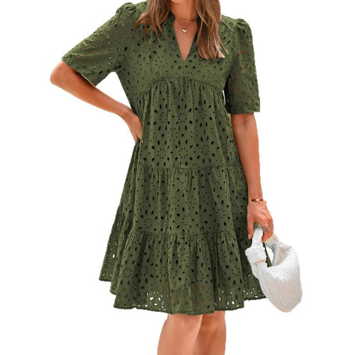 Damen Sommerkleid Luftiges Lochmuster Weiß