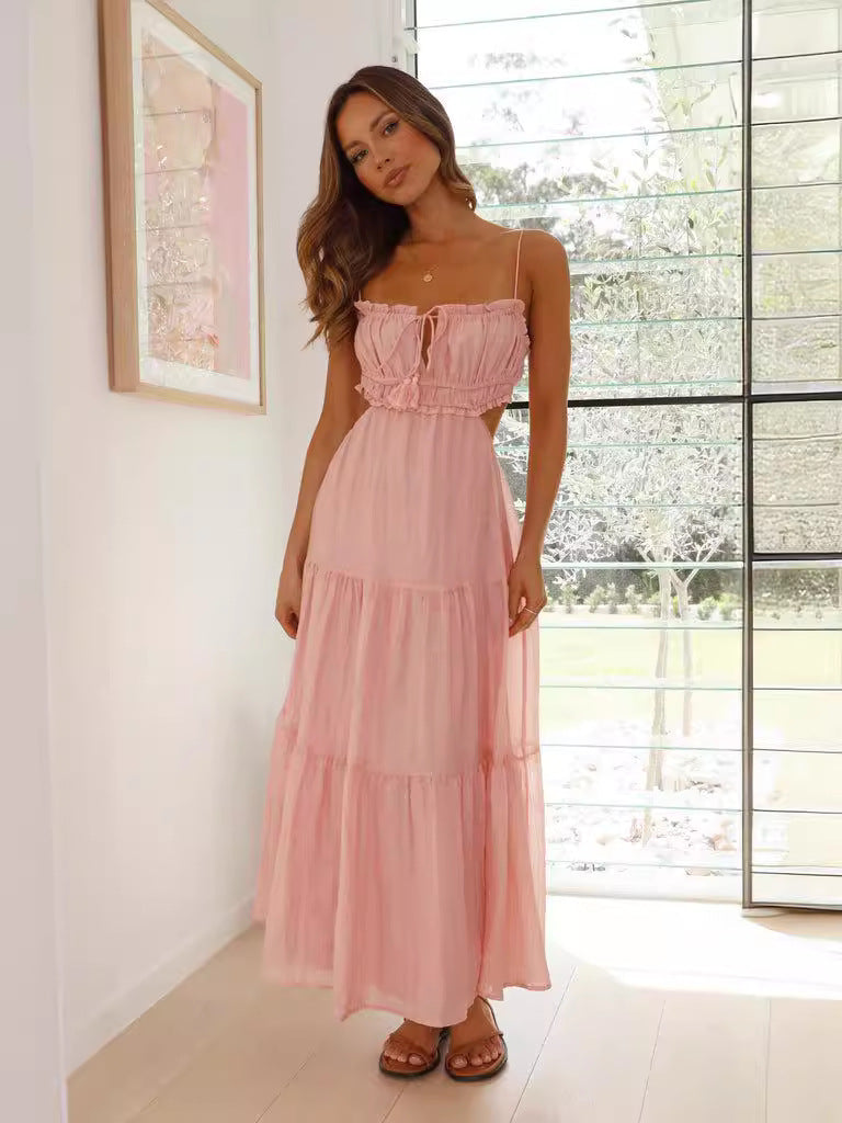 Damen Maxi-Kleid Raffung Spitze Beige