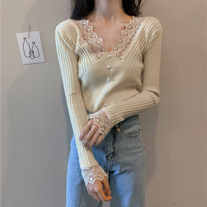 Damen Langärmliger Pullover Spitzendetails Eveloria