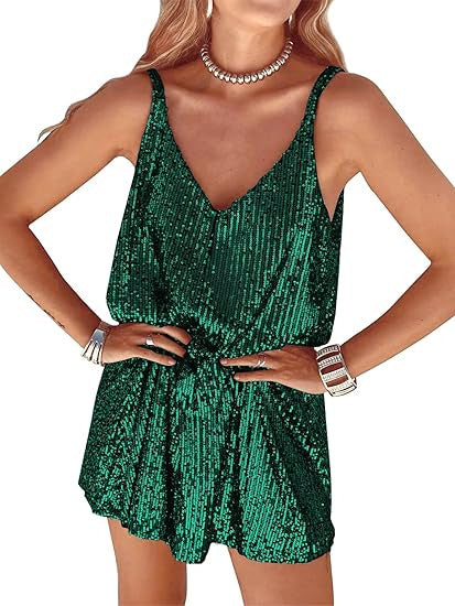 Damen Glitzer Jumpsuit V-Ausschnitt Elastisch Eveloria