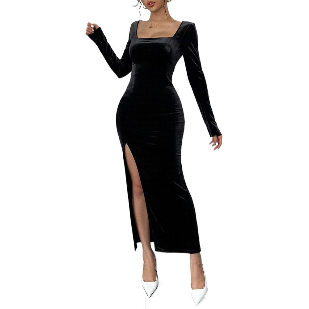 Damen Samt Maxikleid V-Ausschnitt Elegant Eveloria