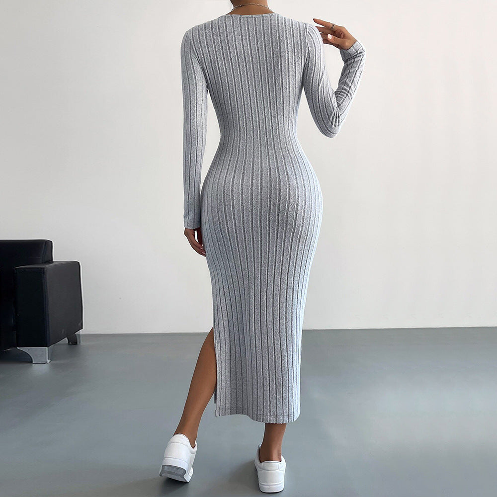 Damen Strickmaxikleid Langer Ärmel Seitenschlitz Eveloria