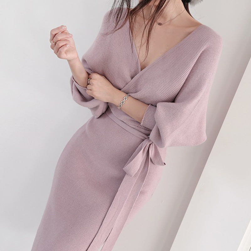 Damen Strickkleid Wickeloptik Länge Mit langen Ärmeln