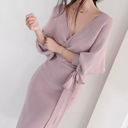 Damen Wickelkleid Weiches Strick Eveloria