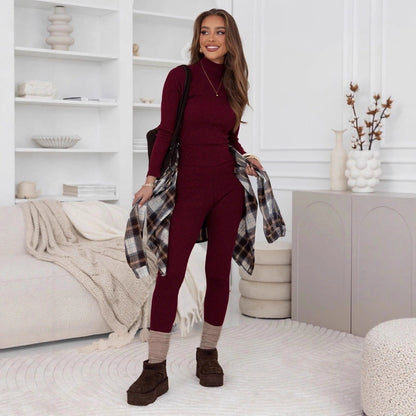 Damen Leggings-Set Hochgeschlossenes Oberteil Rippstruktur
