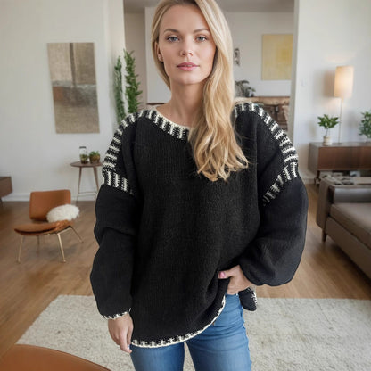 Damen Grobstrickpullover Lässiger Schnitt Gestreifte Ärmel