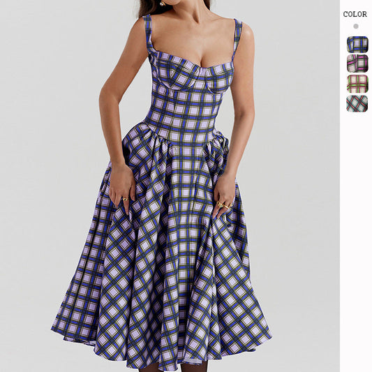 Damen Midikleid Kariert Tiefes Dekolleté Eveloria - Eveloria