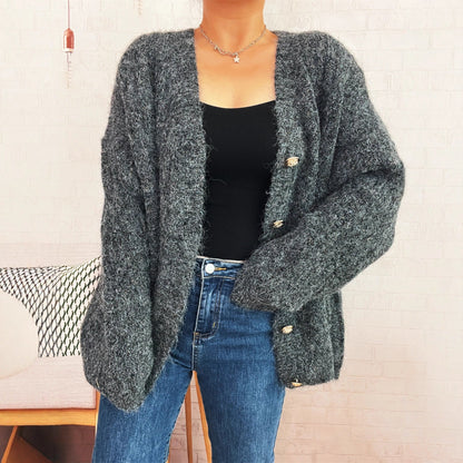 Damen Strickjacke Oversized Weiches Material Goldene Knöpfe Beige