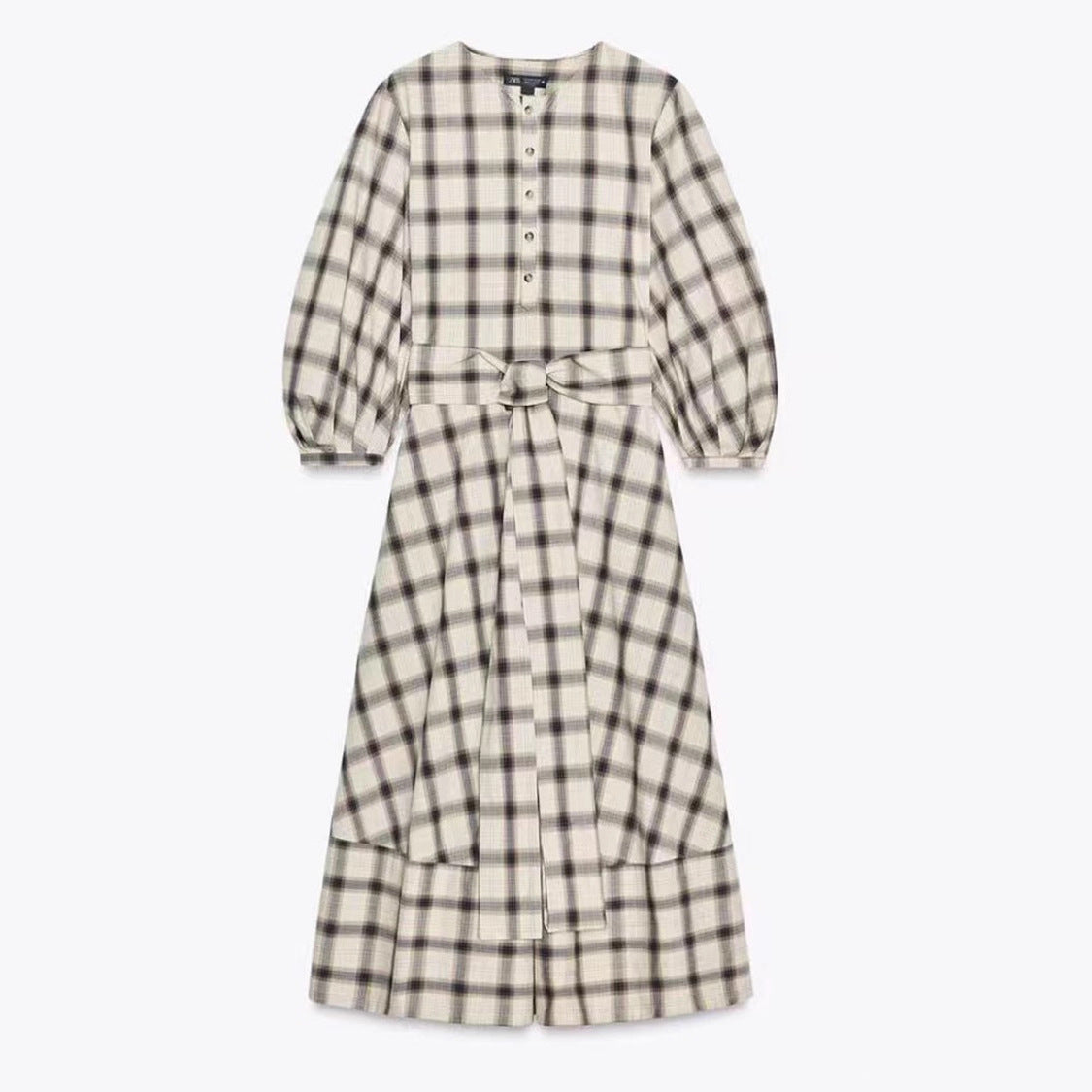 Damen Maxikleid Kariert Mit Taillengürtel -Weiß
