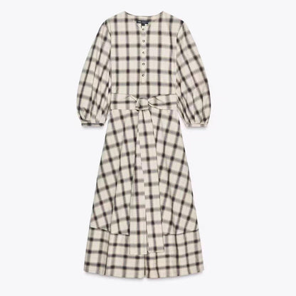Damen Maxikleid Kariert Mit Taillengürtel -Weiß
