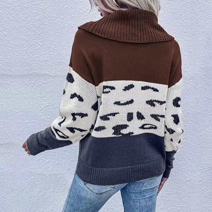 Damen Strickpullover Leo-Muster Hochkragen Grobstrick