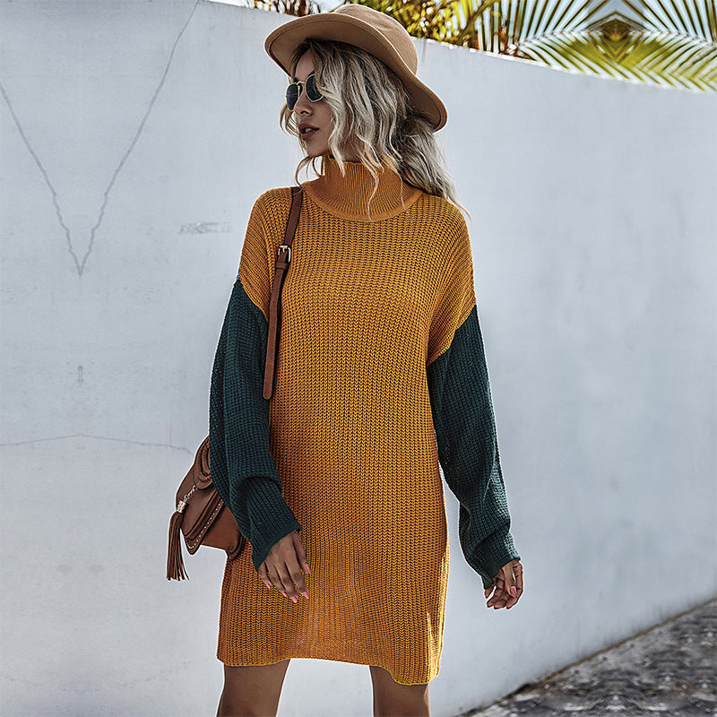 Damen Strickkleid Hochkragen Kontrastärmel Eveloria - Eveloria