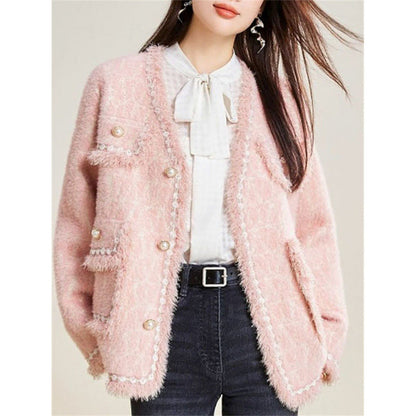 Damen Strickjacke Flauschig mit Knöpfen und Dekorsaum