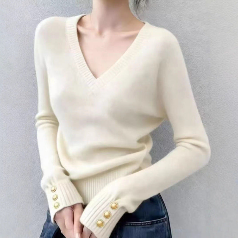 Damen Pullover V-Ausschnitt Feinripp mit Knöpfen Elegantes Design