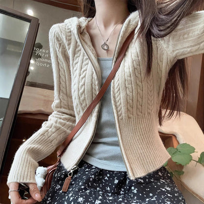 Damen Kapuzenstrickjacke Zopfmuster Asymmetrisch Eveloria