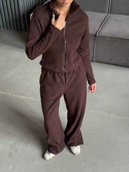 Damen Fleece Jogginganzug Hochkragen Praktische Taschen
