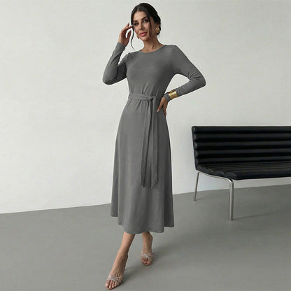 Damen Midikleid Tailliert Gürtel Langer Arm Eveloria