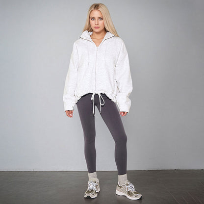 Damen Oversized Kapuzenpullover Kordelzug Taschen Beige