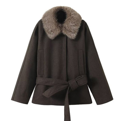 Damen Übergangsjacke Kunstfellkragen Taillengürtel Schwarz Eveloria - Eveloria