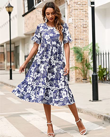 Damen Midikleid Floralmuster Rüschenabschluss Eveloria