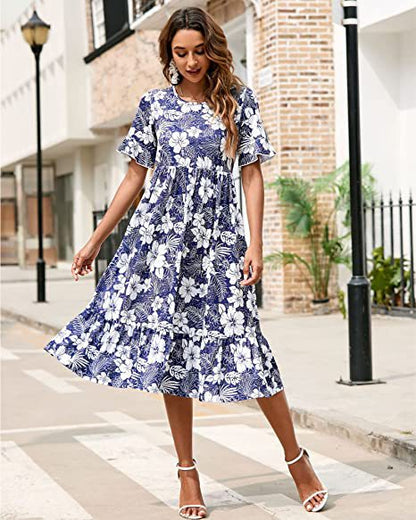 Damen Midikleid Floralmuster Rüschenabschluss Eveloria