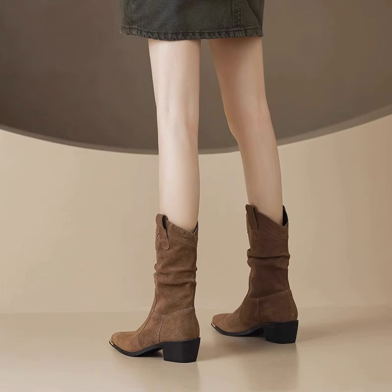 Damen Stiefel Wildlederoptik Oberschenkelhoch Spitz Metallkappe - Eveloria