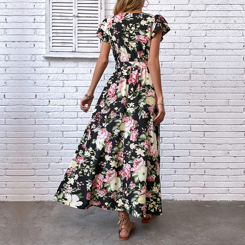 Damen Maxikleid Floralmuster Schlitz Taillengürtel