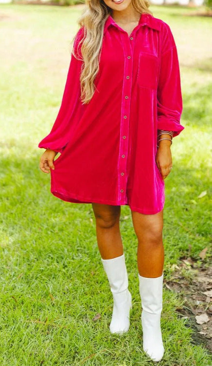 Damen Strandhemdkleid Weiches Samtstoff Kleid mit Knöpfen