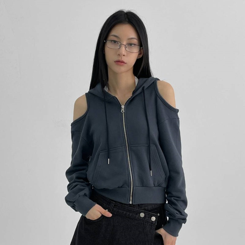 Damen Cropped Kapuzenpullover Cut-Out-Ärmel Schwarz - Eveloria