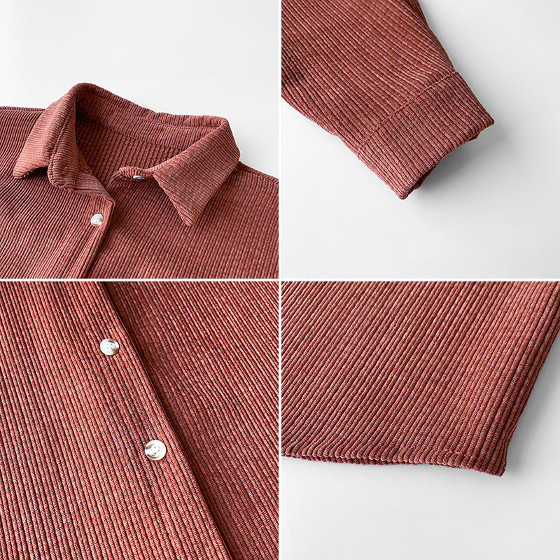 Damen Cordbluse Langarm mit Struktur und Knöpfen Braun