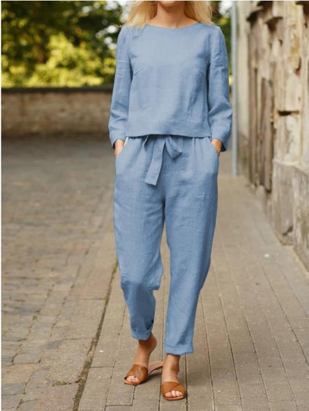 Damen Leinen-Set Zweiteilig mit Oberteil und Hose Beige