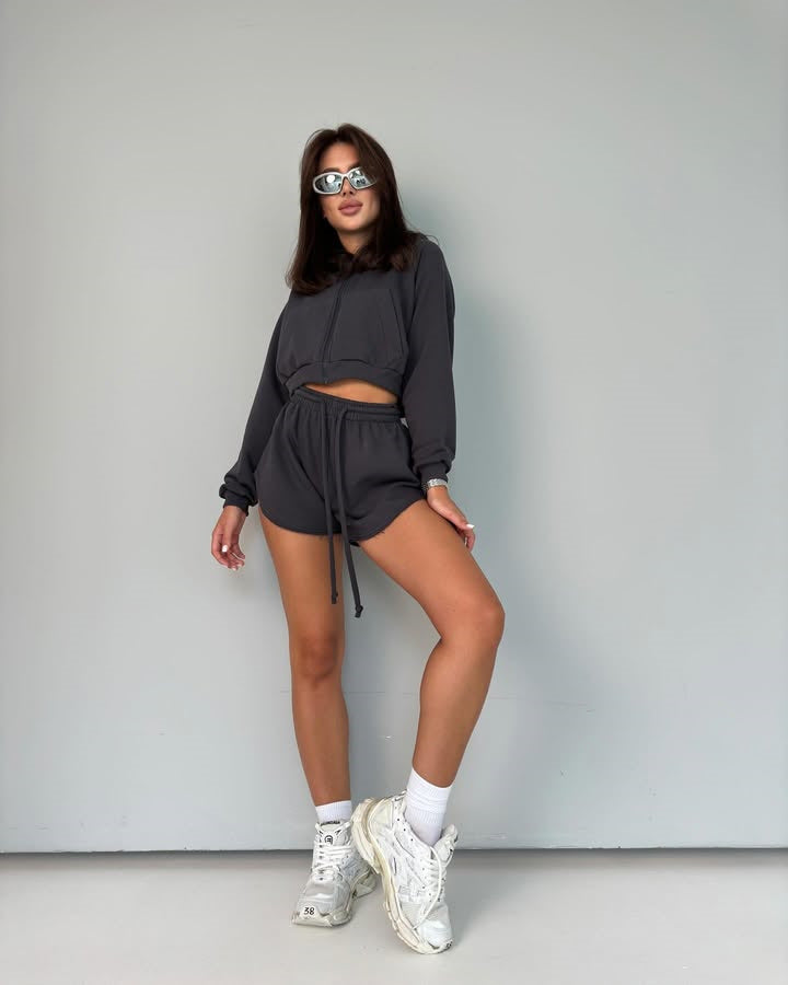 Damen Hoodie-Set Reißverschluss Elastischer Bund Grau Eveloria