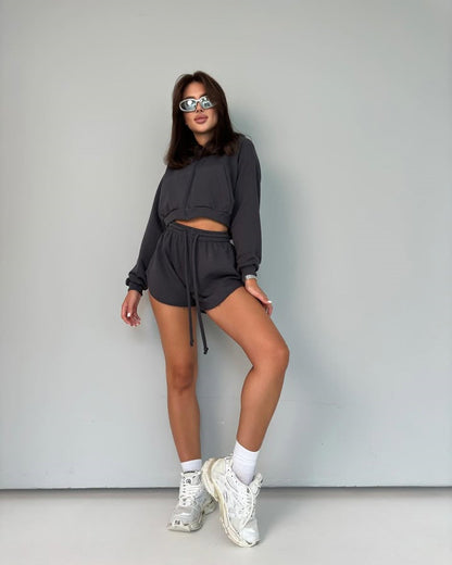 Damen Hoodie-Set Reißverschluss Elastischer Bund Grau Eveloria