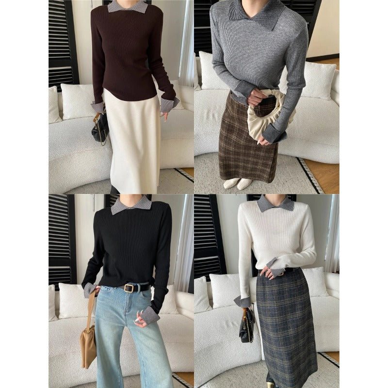 Damen Pullover Gestreift Klassischer Kragen Rippstruktur Eveloria