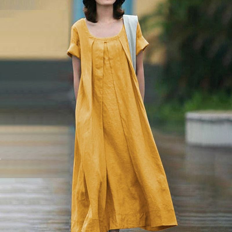 Damen Maxi-Kleid Weiter Schnitt Rundhalsausschnitt Eveloria