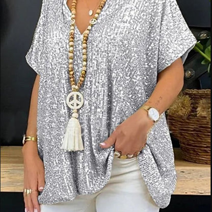 Damen Paillettentop Lässig V-Ausschnitt Glitzernd