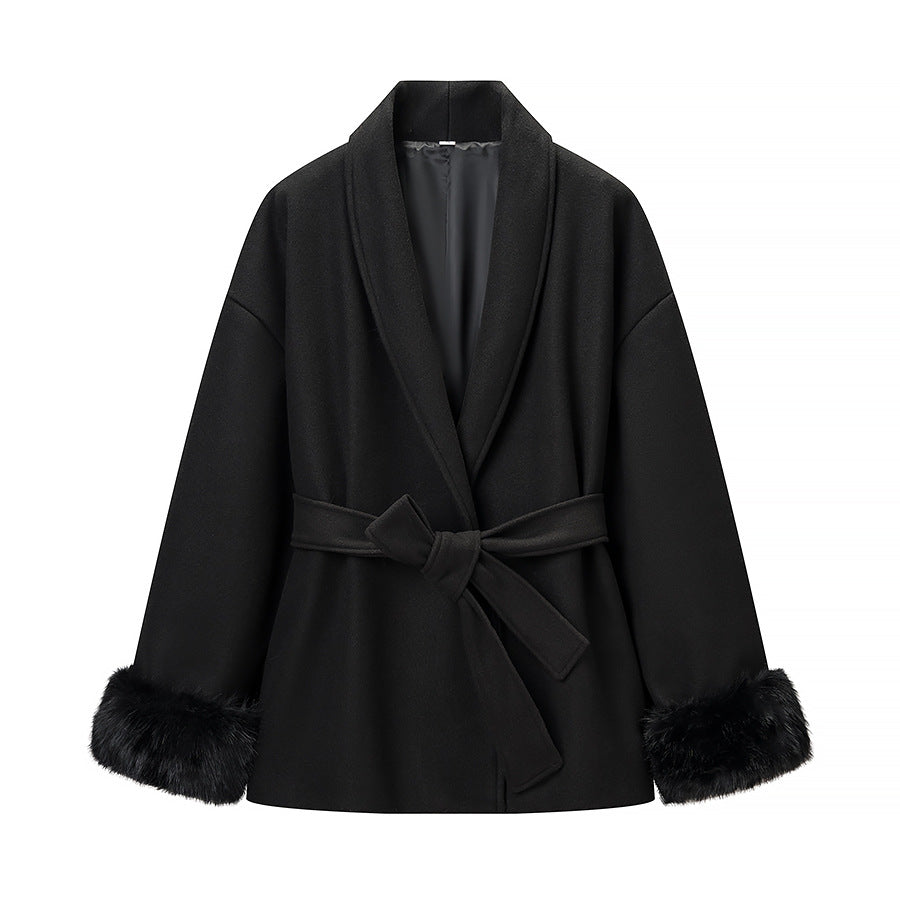 Damen Modische Jacke Weichgefütterter Kragen Bindegürtel